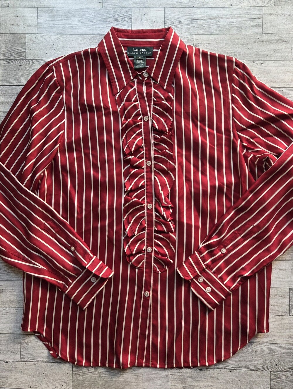 Ralph Lauren 100% Silk Red Striped Ruffle Front Button Down Blouse